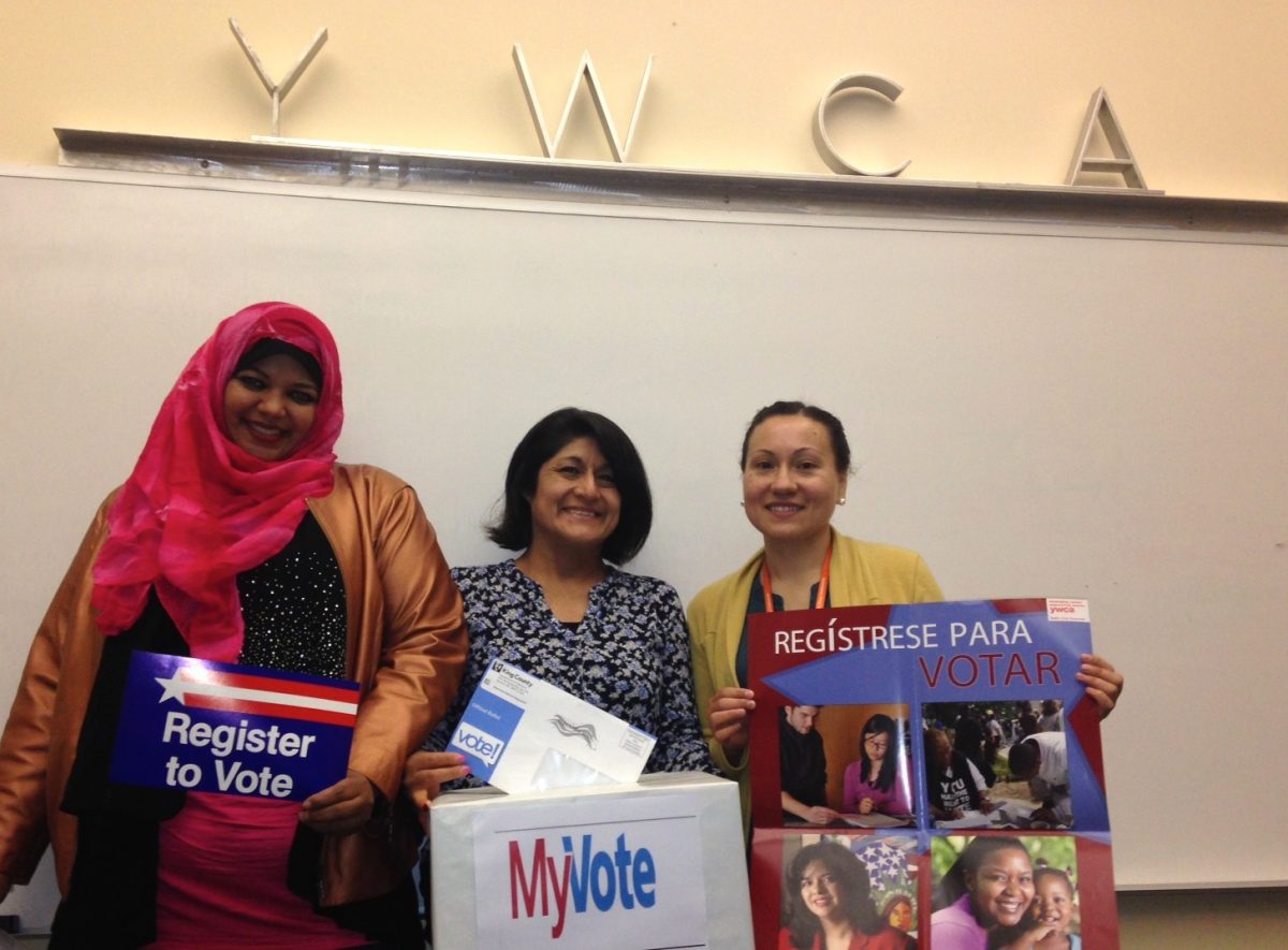 (From left) April Hill, Jackie Jasso-Martinez and Gabriela Picazo have spent much of their autumn helping community members register to vote. 