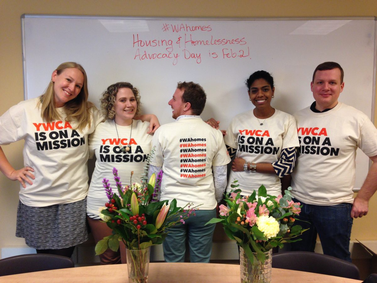 Outgoing Firesteel manager Denise Miller has worked alongside many amazing advocates, including YWCA Seattle | King | Snohomish staff members Annalee Schafranek, Eden Lord, Salma Siddick and Dan Weisbeck. Shout-out to volunteer Peggy Liao for designing the YWCA #WAhomes T-shirt. Image credit: Andriana Alexis.