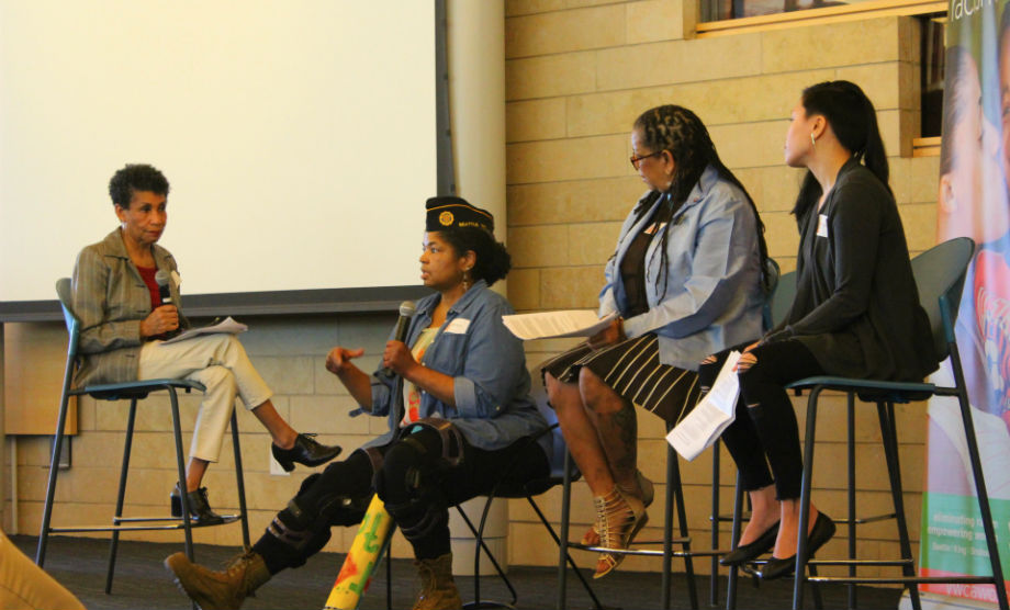 From left to right: Moderator Frances Carr, YWCA People of Color Executive Council; Panelists: Sheila Sebron, Veteran Service Officer with the American Legion; Michelle Allen, activist and author; Cathy Nguyen, Poet Laureate and Housing Operations Manager, YWCA.